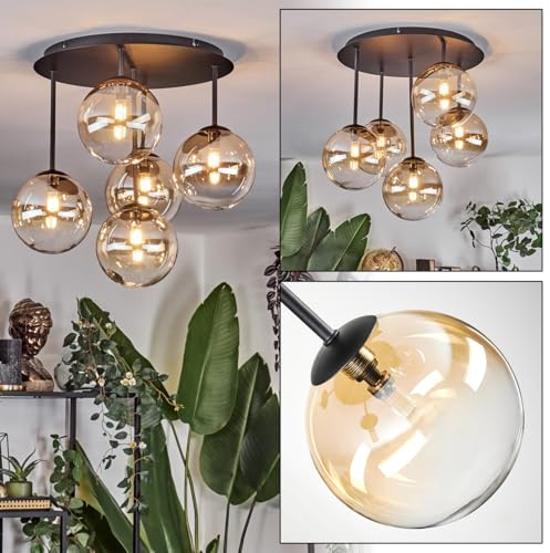 HOFSTEIN Deckenleuchte Chehalis, 5-flammige Deckenlampe aus Metall/Glas in Schwarz/Bernstein/Klar, Leuchte im Retro/Vintage-Design (Schirme Ø 15 cm), G9, Esszimmer, Wohnzimmer, Schlafzimmer, Küche