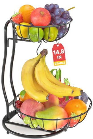PouHenier.jh Obstetagere 2 Etagen Schwarz Metall Obstkorb mit Bananenhalter, Zweistöckige Stabile Gemüse Aufbewahrung Obstschale, Mehrstöckig Platzsparendes Obstregal, Schraubenlose Schnellmontage