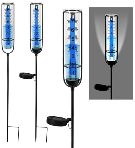 HOPEYHFM Solar Regenmesser für Garten, Outdoor Regenmesser Frostsicher, Regenwassermesser mit Erdspieß und LED, Wetterfest Regenwassermesse, Höhenverstellbarer, für Rasen, Terrasse, Innenhöfen