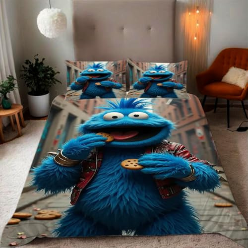Zbeiba Blaues Krümelmonster Bettwäsche 135x200,Kinder Mikrofaser Bettbezug mit Reißverschluss und 2 Kissenbezüge(135x200+2 * 80x80,#6