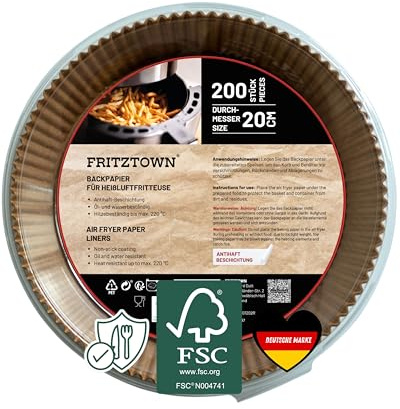 FRITZTOWN Backpapier für Heißluftfritteuse 4,5L-8L | 200 Blatt 20 cm Rund | Air Fryer Backpapier Pergamentpapier | Kompatibel mit Ninja COSORI Philips Cecotec Midea Russell XL XXL Airfryer