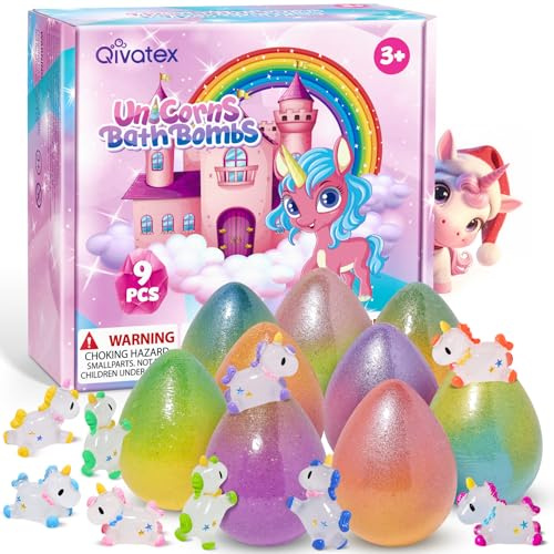 Qivatex Einhorn Badebomben mit Überraschungsspielzeug | 9 P Schaum Badebomben Geschenkset für Jungen, Mädchen Geburtstagsgeschenke Adventskalender Füllung Weihnachtsgeschenke