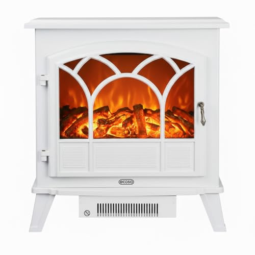 ECOSO White Electric Stove with Built In Fan Heater 670 x 635mm | Steel & Plastic Construction. LED Flame Effect. Traditional Style. Wall Mounted Design. Manual Controls. Fits UK Socket.