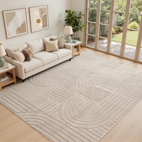 Topfinel Kurzflor Teppich Taupe 230x340 Wellen 3D-Effekt Waschbarer Teppiche Extra Groß Weich Flauschig Antirutsch für Wohnzimmer Schlafzimmer Kinderzimmer Teppiche Esszimmer Modern Felloptik