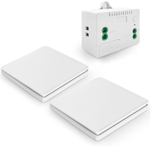 DOMO-MATIC Interruptor de luz cinetico inalámbrico RF de pared y controlador Rele 10A con fusible sin cablear, pulsador sin pila (1 Receptor + 2 interruptores)