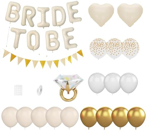 Bride to Be Deko,Bride to Be Ballon Cremeweiß, 16 Zoll Buchstaben + Stern/Herz + 16 Latex Ballons + Diamantring + Banner, Hochwertig Aluminiumfolie/Latex, Ideal für Bridal Shower & Brautparty