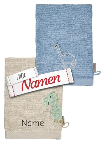 Sterntaler Waschlappen mit Namen Bestickt, Dinosaurier Dino Rexi - Bestickt, Doppelpack Waschhandschuhe, Namensstick, Geschenk zur Geburt