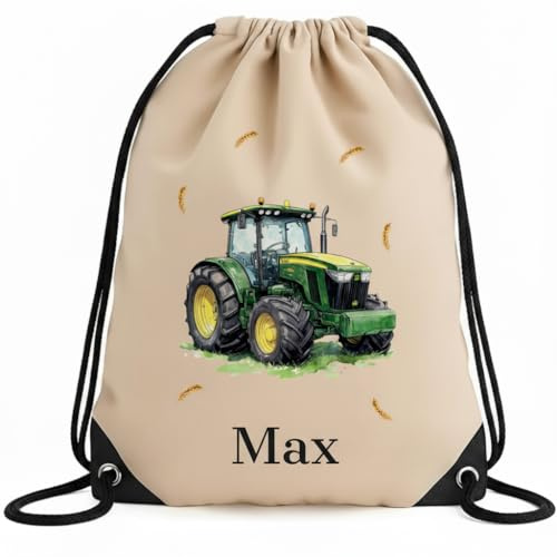 smartaini Turnbeutel mit Namen, Sporttasche Kinder, personalisierter Jutebeutel, Sportbeutel für Kita, Schule & Kindergarten (33x45cm) Stoffbeutel mit Kordelzug (Trecker)