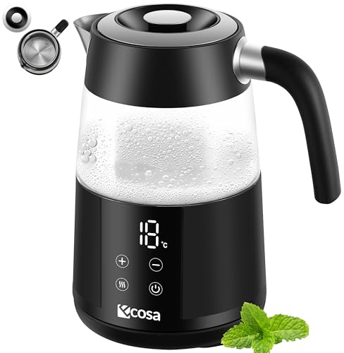 Ecosa® Wasserkocher mit Temperatureinstellung Glas Edelstahl - Teekocher 2.200 Watt 1,7 Liter- BPA Frei mit Temperaturwahl 40°C-100°C Warmhaltefunktion Digitales Sensor Touch-Display Kalkfilter