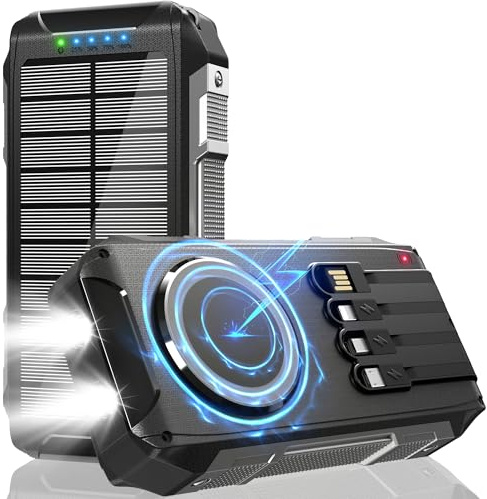 Banco de energía solar de 26800 mAh con 4 cables, magnético inalámbrico, carga rápida, 30 W, USB C, cargador portátil de 7 salidas, batería externa con linterna para camping al aire libre teléfono