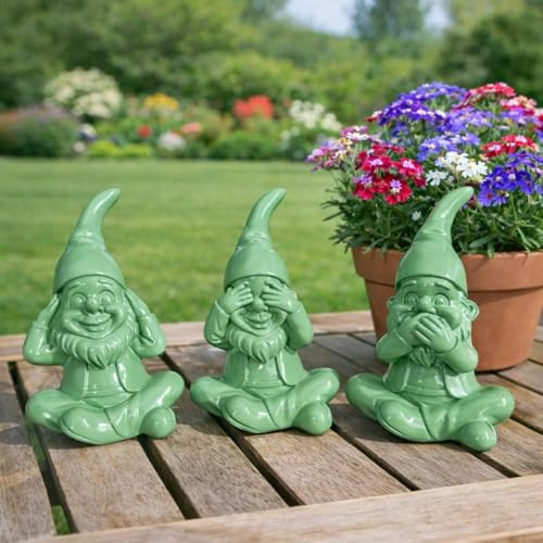 Online Fuchs 3er Set lustige Gartenzwerge, Wichtel - Nichts hören, Nichts sehen, Nichts Sagen - Gartenfiguren für draußen, wetterfest - 16 cm groß (Grün)