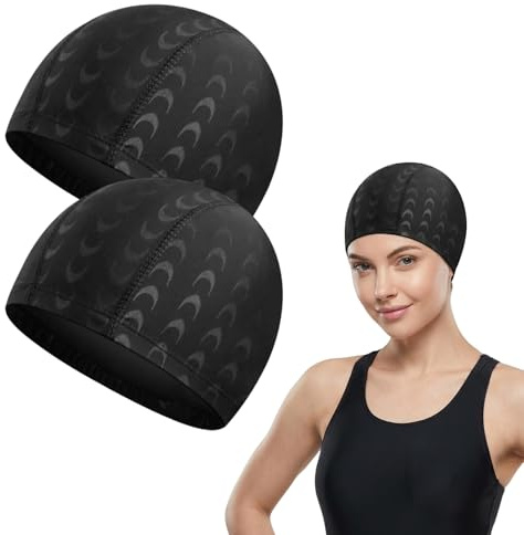 KADFEL 2 Pezzi Cuffia Piscina in Tessuto Poliestere Nero, Cuffia Nuoto Elasticizzata e Traspirante per Donna e Uomo –piscina donna, uomo adatte a capelli lunghi e corti