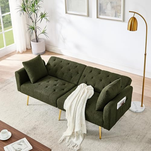 Ball & Cast Klappsofa, Mini Sofa mit Schlaffunktion, Schlafsofa Klein aus Teddy-Stoff, 3-Fach verstellbare Winkel, Ideal für Wohnungen und Wohnzimmer, Grün
