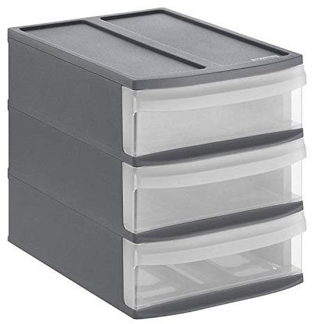 Rotho Systemix Schubladenbox mit 3 Schüben, Kunststoff (PP) BPA-frei, anthrazit/transparent, S/A5 (26,5 x 19,2 x 23,3 cm)