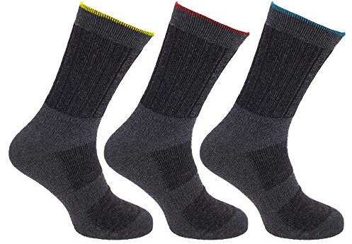 Harperandyork 3 Pair Men's Hardwearing Soft Elasticated Welt Ankle & Foot Support Work Socks Grey Ribbed Yellow Red & Blue Band Tough Warm UK 7-11