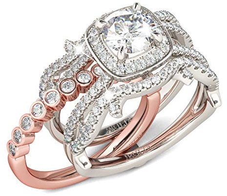 Jeulia [2 Stück] Damen Zweifarbig Halo Roségold Ringe Set Rundschliff Sterling Silber Ringe Set Schmuck für Verlobungsring Trauring Ehering (60 (19.1))