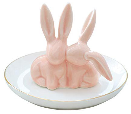 Vellarr Niedlicher Hasen-Ringhalter für Schmuck, Keramikteller, Schmuckständer, Schmuckkästchen, niedliches Kaninchen (hellrosa Farbe)