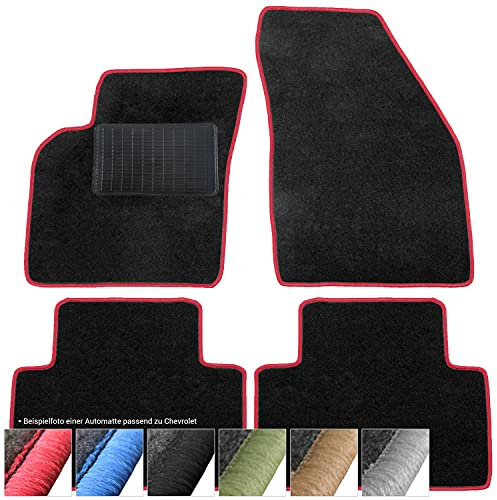 moto-MOLTICO Fußmatten Auto - Velours Autoteppiche passend für Chevrolet Spark (2010-2015) - 4-teiliges Set - Schwarze Automatten mit Roten Ziernähten