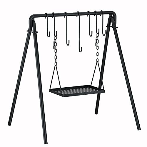 RELIANCER Grill Swing,Campfire Grill Cooking Stand w/8 Hooks & Storage Bag,Cast Iron BBQ Party Swing Grilling Cooking Rack,Outdoor Picnic Camping Cookware Hanging Rack,Collapsible Bonfire Barbecue Set