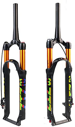 ZTZ MTB Gabel Mountainbike Federgabel 26/27,5/29 Reise 120 mm MTB Luftfedergabel Rückprall Einstellung 1 1/8 Kegelrohr QR 9 mm Manuell/Remote Lockout (Gold Tapered – Fernschloss, 27,5 Zoll)