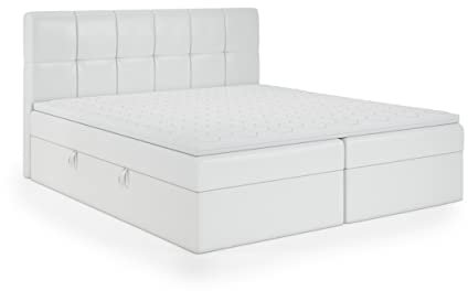 FEDVE Boxspringbett 200x200 Weiß Öko-Leder – Mokpo – Praktisches Bett mit Bettkasten – Gemütlich Kopfteil Bett mit Matratze für Viele Jahr - Stabiles Doppelbett mit Stauraum zum Schlafzimmer