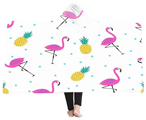 Hiseng Decke mit Kapuze Kinder Erwachsene Poncho-Stil Flauschig Kapuzendecke, Weich Warme Flanelldecke, 3D-Flamingo-Druck Wohndecke Kuscheldecke Tragbare Decke (Blaue Punkte,150x130cm)