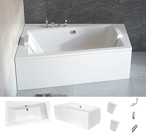 ECOLAM Badewanne Infinity Eckwanne für Zwei mit Ablauf mittig 160x100 cm LINKS + Schürze aus Acryl + 2x Kopfstütze modern Ab- und Überlauf Automatik Füße Silikon Komplett-Set