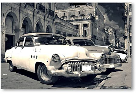 Postereck - 0462 - Oldtimer, Kuba Auto Schwarz Weiss Havanna Vintage - Wandposter Fotoposter Bilder Wandbild Wandbilder - Leinwand - 40,0 cm x 30,0 cm