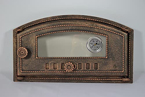 SEZAM Porta da forno in ghisa con termometro 500°C vetro resistente al calore, apertura a destra, porta del forno per pizza, forno per il pane, in pietra, 48,5 x 6,5 x 27,5 cm semicircolare color rame