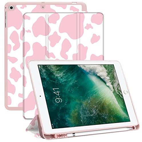 Deokke Kompatibel mit iPad 6. / 5. Generation (2018/2017), iPad 9,7 Zoll Air 2/Air 1 Hülle mit Stifthalter und weicher TPU-Rückseite, automatische Sleep/Wake-Abdeckung, rosa Kuh Western