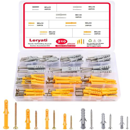210pcs Screws and Wall Plugs Set, Leryati M5/M6/M8 Wall Plugs and Screws (105 x Masonry Screws, 105 x Expansion Anchor Bolts), Plastic Wall Anchors and Screws Kit for Wall Hanging and MountingTV Mount