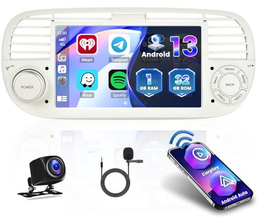Wireless Carplay Autoradio für FIAT 500 2007-2015 mit 7 Zoll Bildschirm Touch Display Android 13 Autoradio mit Navi Bluetooth WiFi USB FM RDS Rückfahrkamera Canbus(Weiß)