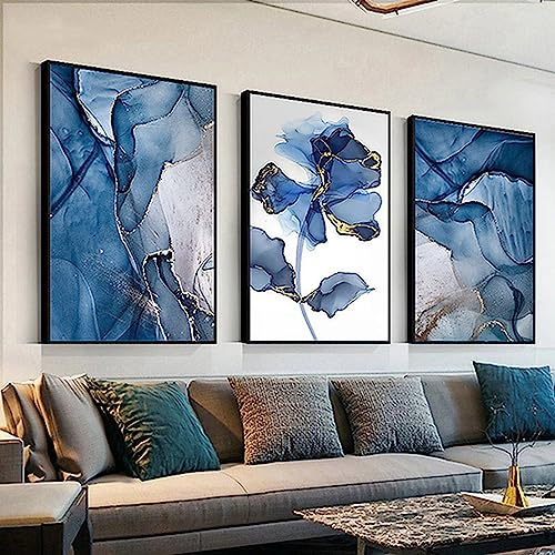 HEHGVCF Lot de 3 tableaux muraux sur toile noir et gris - Géométrie abstraite - Marbre - Sans cadre - Décoration d'intérieur - Gris, or, bleu, rose (B,50 x 70 cm)