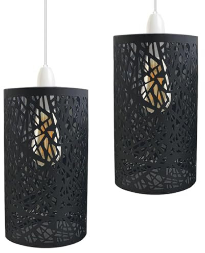 DC VOLTAGE 2 Pack of Pendant Light Shade Metal Drum Shaped Lampshade Industrial Easy fit Ceiling Indoor Wire cage Lampshade for Kitchen Living Room Corridor (Black)