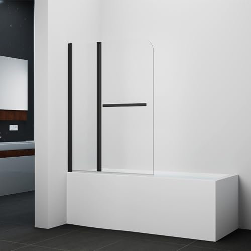 Marwell Badewannenfaltwand Black Vital 2 100 cm x 140 cm x 10 cm Glaselement aus 6 mm Sicherheitsglas mattschwarzes Aluminiumprofil und integrierter Handtuchhalter