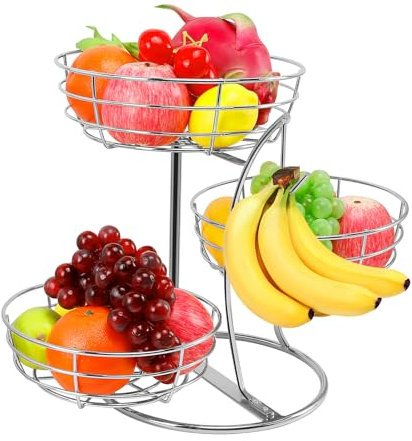 Livabber Obstkorb Schüssel mit Bananenaufhänger, Obst-Gemüse-Aufbewahrungskorb mit Bananenbaumhalter für Küchentheke, abnehmbarer Organizer für Brot, Snacks, Produkte (Chrom, 3-stöckiger Metallsockel)