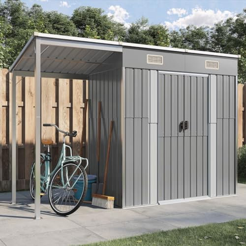 prissent Gartenhaus mit Schleppdach Hellgrau 277x110,5x181 cm Stahl Gartenschuppen Großer Geräteschuppen Gartenhaus Metall Gartengerätehaus Gartenhäuser Garden Shed Geratehaus Stahl Gartenschrank