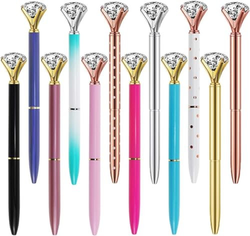 LATERN 12 Pezzi Penne di Diamanti di Cristallo, 14CM Penna a Sfera in Metallo Colorato Penna Gel con Inchiostro Nero Retrattile da 1,0mm per Scuola Stazionario Ufficio Nozze Forniture (12 Colori)