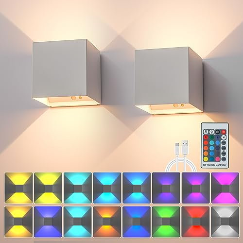 2 Stück Akku Wandlampe Innen USB-C Aufladbare Batterie Wandleuchte, Batteriebetriebene Kabellos Dimmbare Wandleuchte mit Fernbedienung, 5000mAh 6W-RGB Farbwechsel, 4 Modi 16 Farben, Wandbeleuchtung
