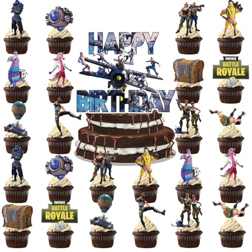 MUNSKT 25PCS Video Game Happy Birthday Cake Topper 15cm + 7 Characters + Wafer Paper Badge Party Supplies Decoration Supplies for Kids Adults Girls Boys