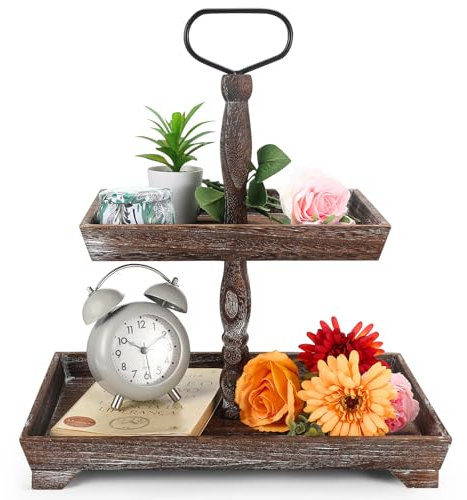 ASMPCUE Holztablett Deko Tablett, Doppelschicht Quadrat Tablett Holz Bauernhaus Dekotablett Vintage Deko Serviertablett für Startseite Küche Regal Esstisch Saisonale Feiertags Dekoration (Holz)