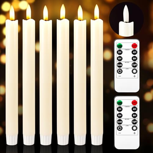 Rikiss Flameless Taper Kerzen mit Fernbedienung Timer, batteriebetriebene 3D flackernde Flamme Kerzen aus echtem Wachs Fenster Kerzen für Weihnachten Halloween Home Decor, Elfenbein (0,86 x 9,8 Zoll)