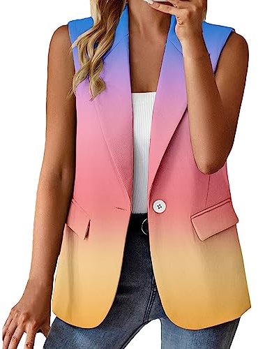 Business Outfit Gilet pour femme - Blazer pour femme - Multicolore - Blazer à motif floral - Veste à motifs sans manches - Haut de sport léger - Court cintré - Dégradé de couleurs sportif, Rose, L