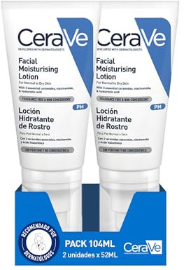 CeraVe, PM Feuchtigkeitsspendende Gesichtslotion, 2 x 52 ml, für normale bis trockene Haut, spendet Feuchtigkeit und stellt die Schutzbarriere der Haut wieder her, angereichert mit essentiellen