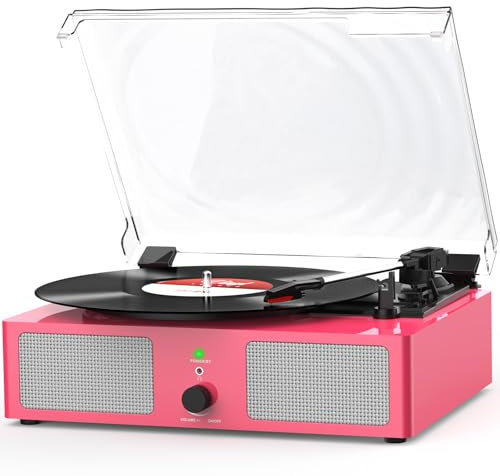 Udreamer Tocadiscos, Tocadiscos con Altavoces Integrados y Bluetooth Accionado por Correa, Fonógrafo Vintage de 3 Velocidades para Disfrutar de la Música y Decoración del Hogar Rosa