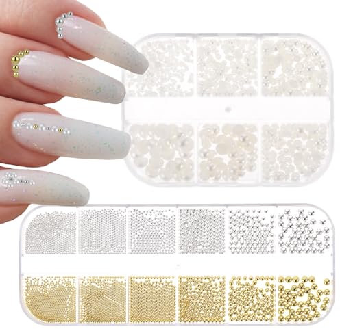 Nail Art Pearls Flatback Pearl, Steel Metal Nail Charms, Half Round Nail Pearls, Nail Supplies Accessories, Gold Silver White Nail Charms and Gems for DIY Nail Art Decoration