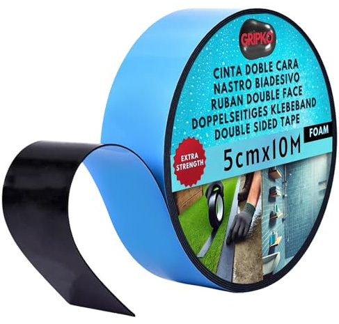 Gripko - Cinta Doble Cara Espuma Extrafuerte 10m x 50mm - Exterior e Interior - Color Negro – Adhesivo Potente para Multisuperficies – Ideal para Cesped Artificial, Madera, Metal, Cristal y Plástico