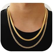 Aretas Layered Gold Chain Necklaces far Men, 2PC Double Cuban Curb Link Herringbhe Chains Set Gold Plated Mens Necklace Jewelry Gifts Male Him Oro Collar Cadena Homres 16/18 Inches