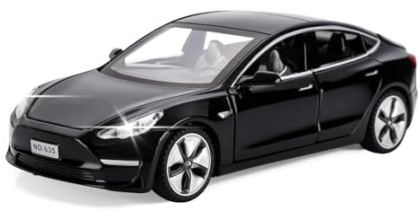 MODVKVK Tesla Model 3 1:32 Modellauto, Spielzeugauto mit Licht & Musik, Zurückziehfunktion, Legierungsdruckguss, Ideal für Kinder ab 3 Jahren & Sammler (Schwarz)