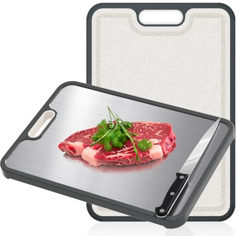 Doppelseitiges Schneidebrett,großes Edelstahl-Schneidebrett für die Küche, lebensmittelechter 304-Edelstahl und Weizenstroh,Titanium Cutting Board für Fleisch, Brot, Gemüse & Obst (38 x 27 cm)